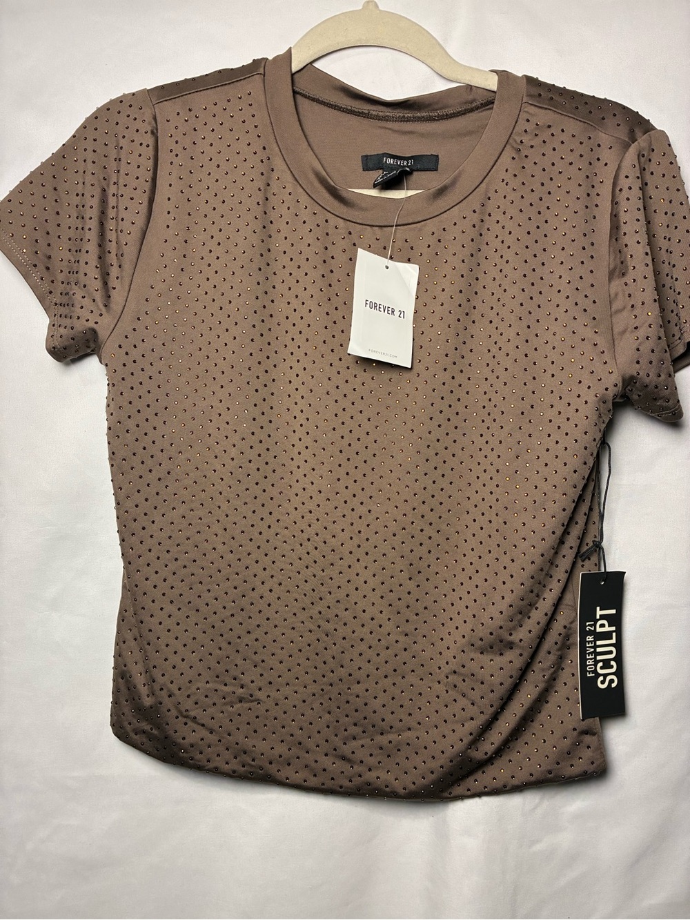 Forever 21 Brown Perforated Rhinestone Sculpt Short Sleeve Tee